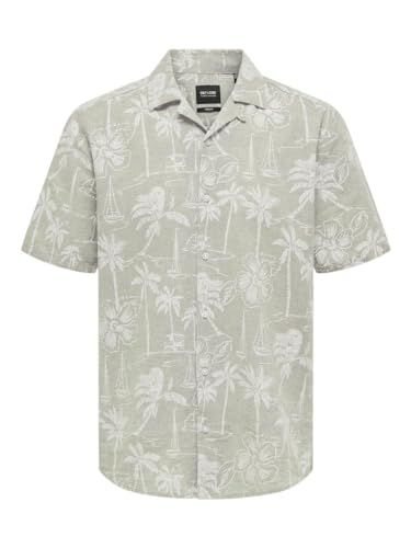 ONLY & SONS Herren Leinen Hemd ONSCaiden Hawaii Kurzarm Freizeithemd mit Palmen 22028423 Chinchilla L von ONLY & SONS