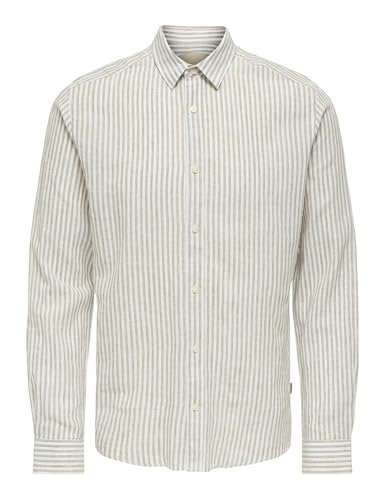 ONLY & SONS Herren Leinen Hemd ONSCaiden Stripe Langarm gestreift 22026601 Chinchilla M von Only & Sons