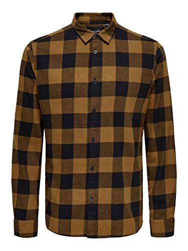 Kariertes Holzfäller Hemd Basic Langarm Flanellhemd Freizeit Karo Slim Fit Shirt Baumwolle ONSGUDMUND, Farben:Braun, Größe Hemd:XL von ONLY & SONS