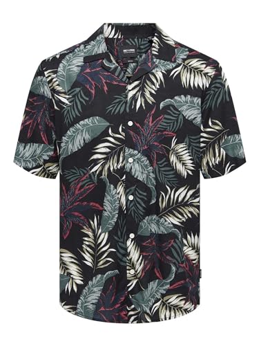 ONLY & SONS Herren Viskose Hemd ONSWayne Life Kurzarm mit Palmenprint 22028616 Black M von ONLY & SONS