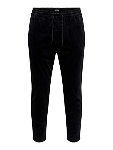 Herren ONLY & SONS Cord Stoffhose | Bequem Relaxed Pants ONSLINUS | Freizeit Cropped Trousers mit Tunnelzug, Farben:Schwarz, Größe Hosen:XS von ONLY & SONS