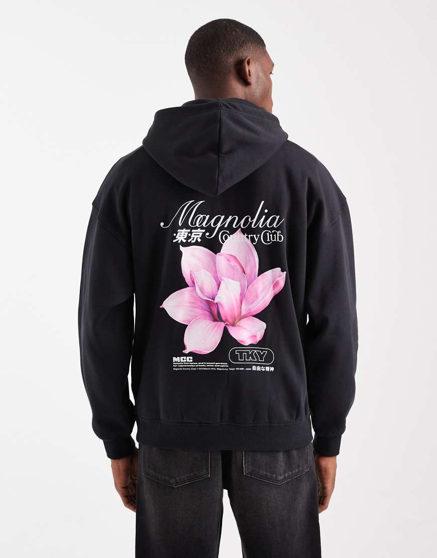 ONLY & SONS - Kapuzenpullover in Schwarz mit Blumenprint am Rücken und Vintage-Passform-Marineblau von ONLY & SONS