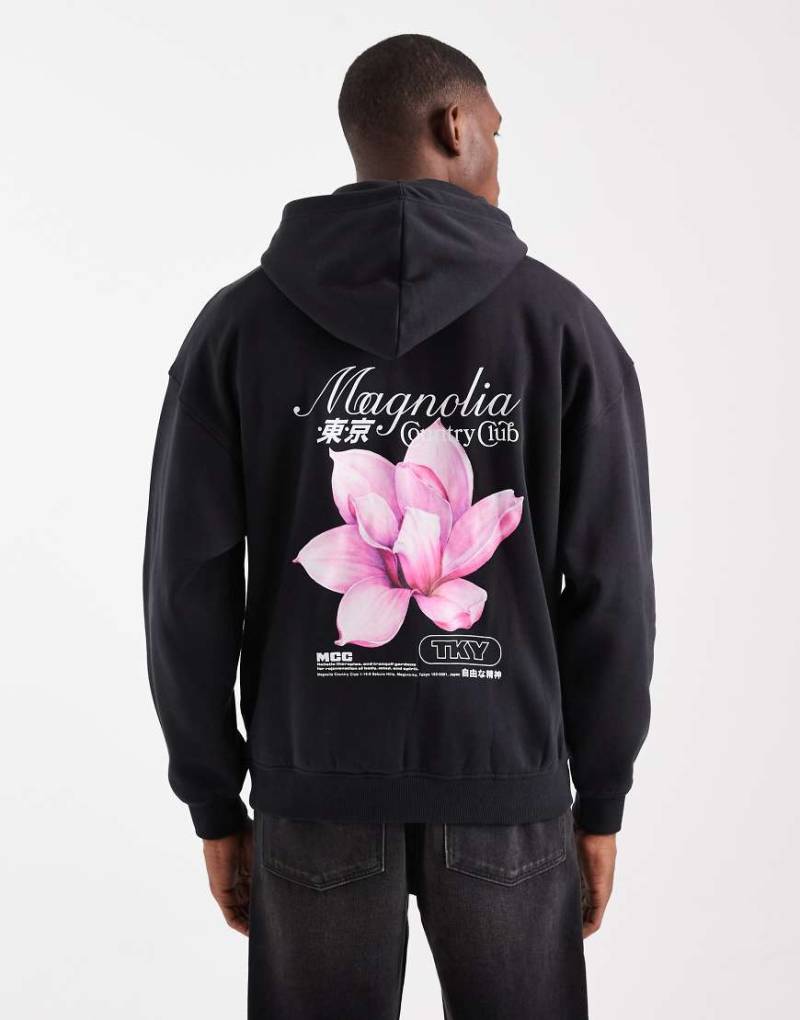 ONLY & SONS - Kapuzenpullover in Schwarz mit Blumenprint am Rücken und Vintage-Passform-Marineblau von ONLY & SONS