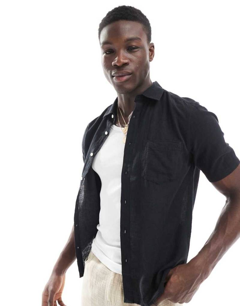 ONLY & SONS - Kurzärmliges Regular Fit Leinenmix-Hemd in Schwarz-Weiß von ONLY & SONS