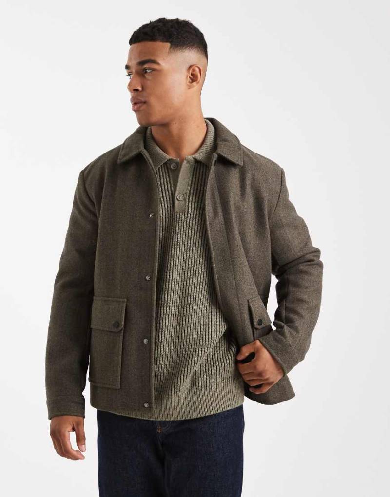 ONLY & SONS - Kurze Jacke aus Wollimitat in dunklem Braun-Grün mit Taschendetail-Brown von ONLY & SONS