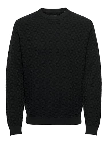 ONLY & SONS Lässiger Pullover Gerippter Karo Feinstrick Longsleeve Design Muster Sweater, Farben:Schwarz, Größe Pullover:L von ONLY & SONS