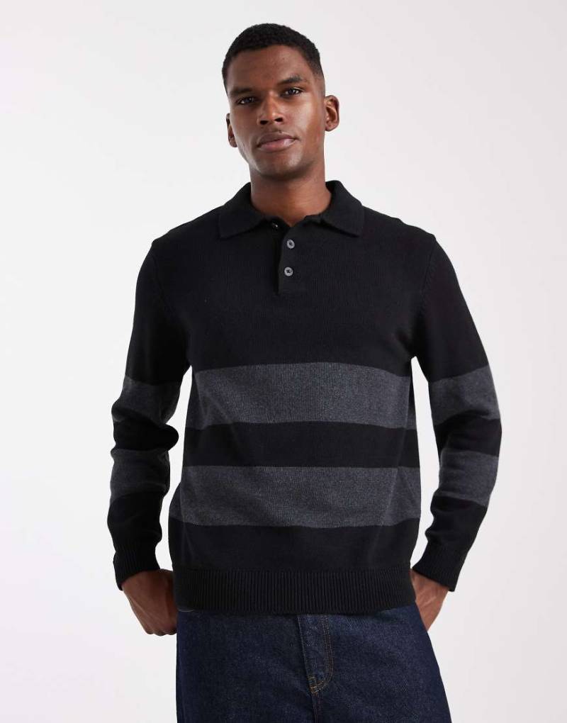 ONLY & SONS - Langärmliges Relaxed-Fit-Polohemd aus Strick in Schwarz mit grauen Streifen von ONLY & SONS