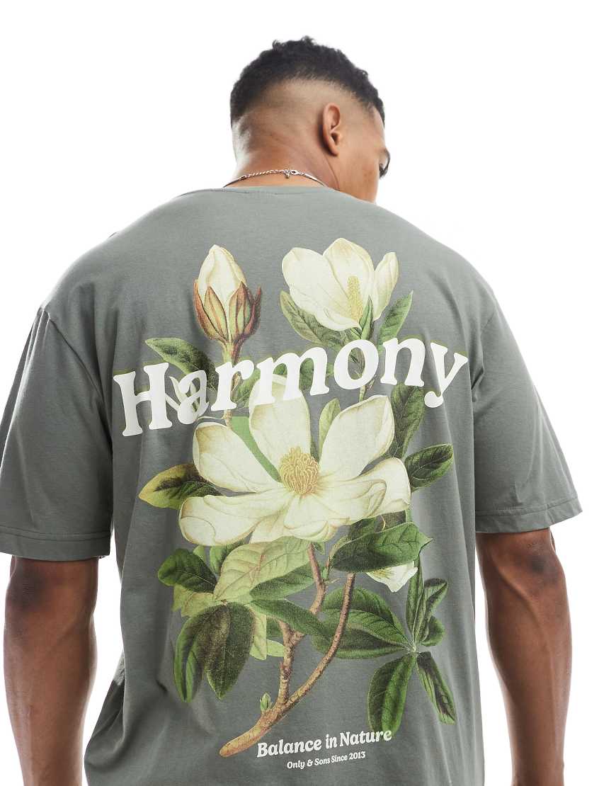 ONLY & SONS - Locker geschnittenes T-Shirt in Graugrün mit „Harmony"-Print von ONLY & SONS