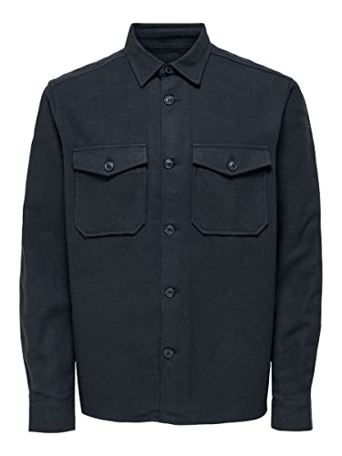 ONLY & SONS Herren Freizeit Hemd ONSMILO SOLID Regular Fit Blau Beige Baumwolle, Größe:S, Farbe:Dark Navy 22020603 von ONLY & SONS