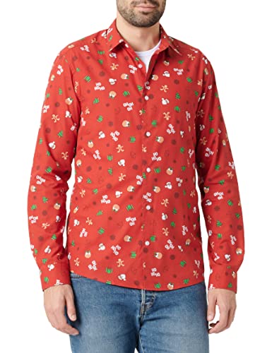 ONLY & SONS Men's ONSXMAS Slim POPLIN AOP Shirt Hemd, Pompeian Red, M von ONLY & SONS