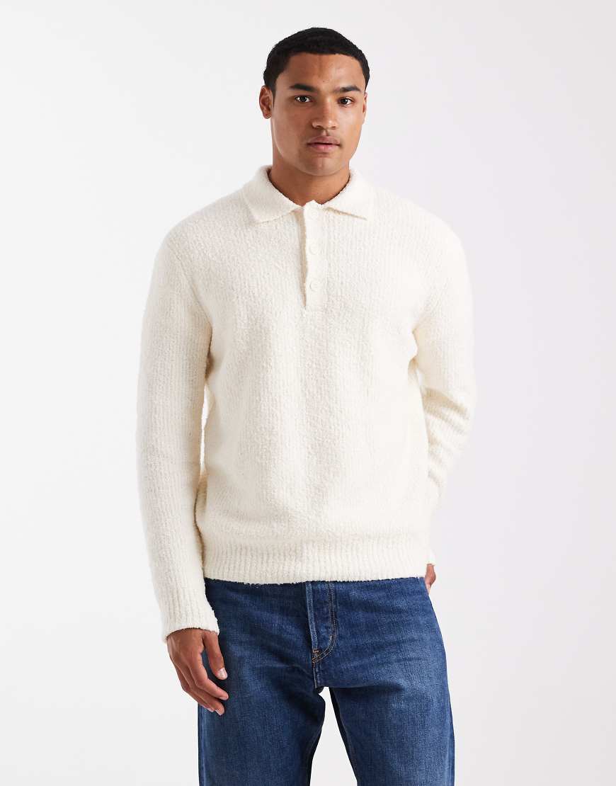 ONLY & SONS - Relaxed-Fit-Polopullover in Creme aus Patentstrick-Weiß von ONLY & SONS