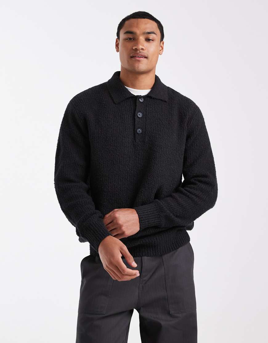 ONLY & SONS - Relaxed-Fit-Polopullover in Schwarz aus Patentstrick von ONLY & SONS