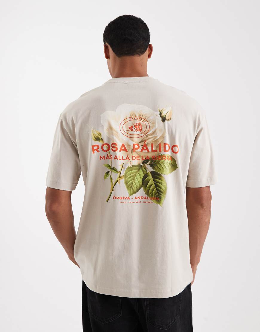 ONLY & SONS - Relaxed Fit T-Shirt in Beige mit Rosen-Rückenprint-Neutral von ONLY & SONS