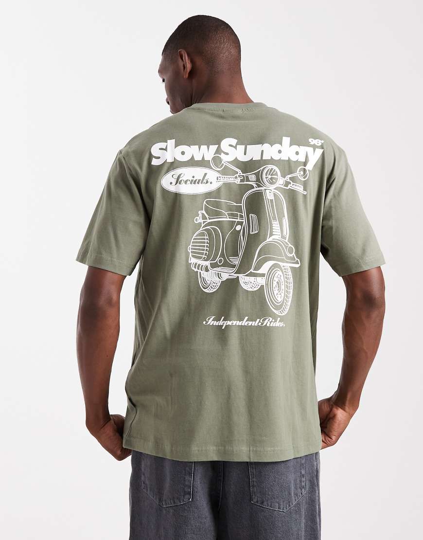 ONLY & SONS - Relaxed-Fit-T-Shirt in Khaki mit Moped-Rückenprint-Grün von ONLY & SONS