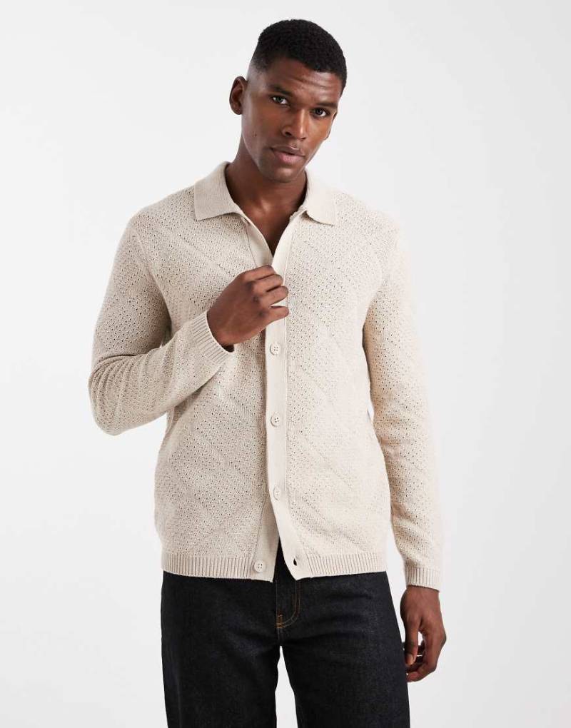 ONLY & SONS - Strickjacke in Steinbeige mit Rauten-Strukturmuster-Weiß von ONLY & SONS