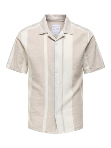 ONLY & SONS Herren Leinen Hemd ONSCaiden Stripe Kurzarm Freizeithemd Gestreift 22026109 Vintage Khaki L von ONLY & SONS