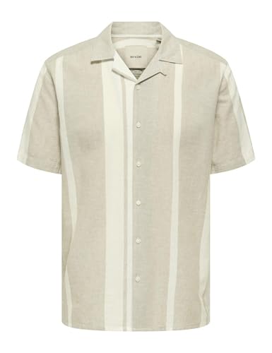 ONLY & SONS Herren Leinen Hemd ONSCaiden Stripe Kurzarm Freizeithemd Gestreift 22026109 Vintage Khaki XXL von ONLY & SONS