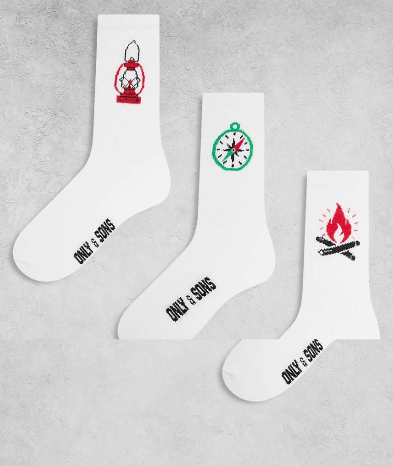 ONLY & SONS - 3er-Pack Socken in Weiß mit Outdoor-Print von ONLY & SONS