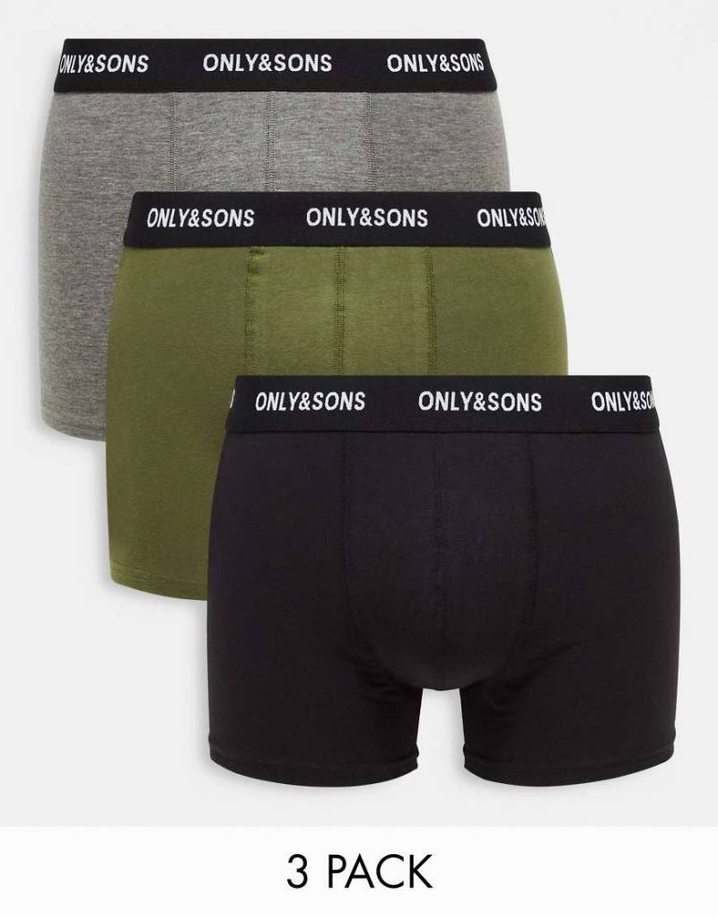 Only & Sons - 3er-Pack Unterhosen mit schwarzem Bund in verschiedenen Farben-Grün von ONLY & SONS
