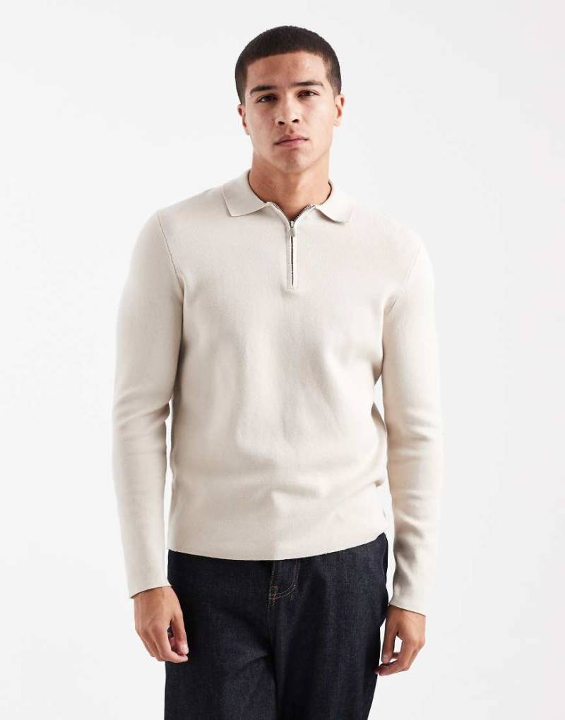 ONLY & SONS - Gestricktes Polo-Oberteil in Steinbeige mit kurzem Reißverschluss-Weiß von ONLY & SONS