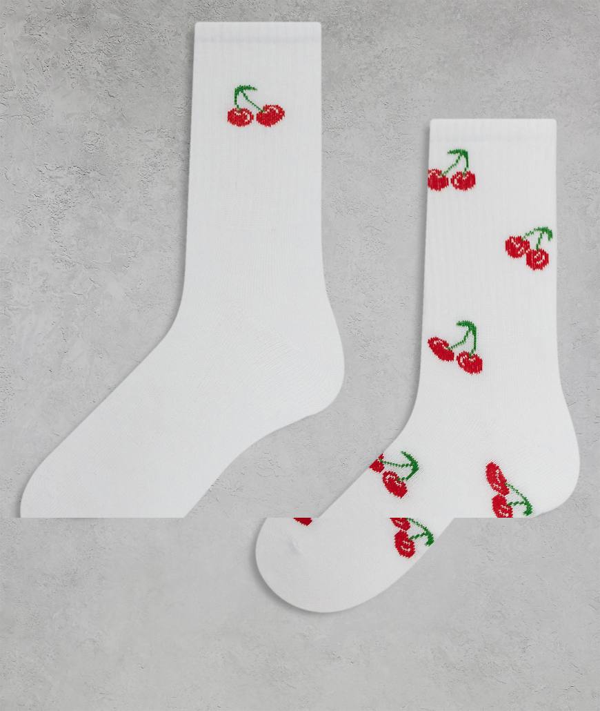ONLY - 2er-Pack Socken in Weiß mit Kirschstickerei von ONLY