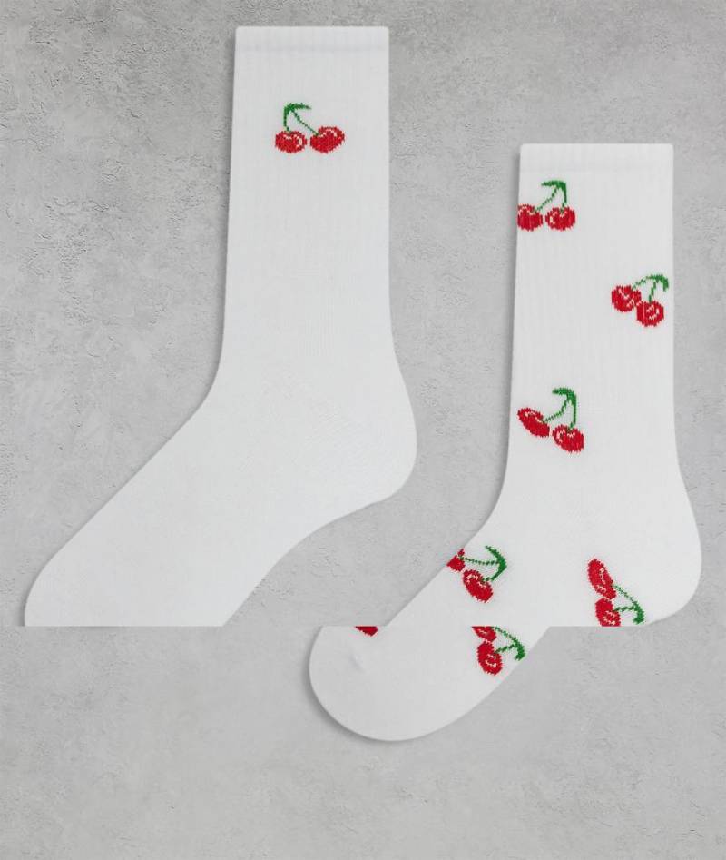 ONLY - 2er-Pack Socken in Weiß mit Kirschstickerei von ONLY