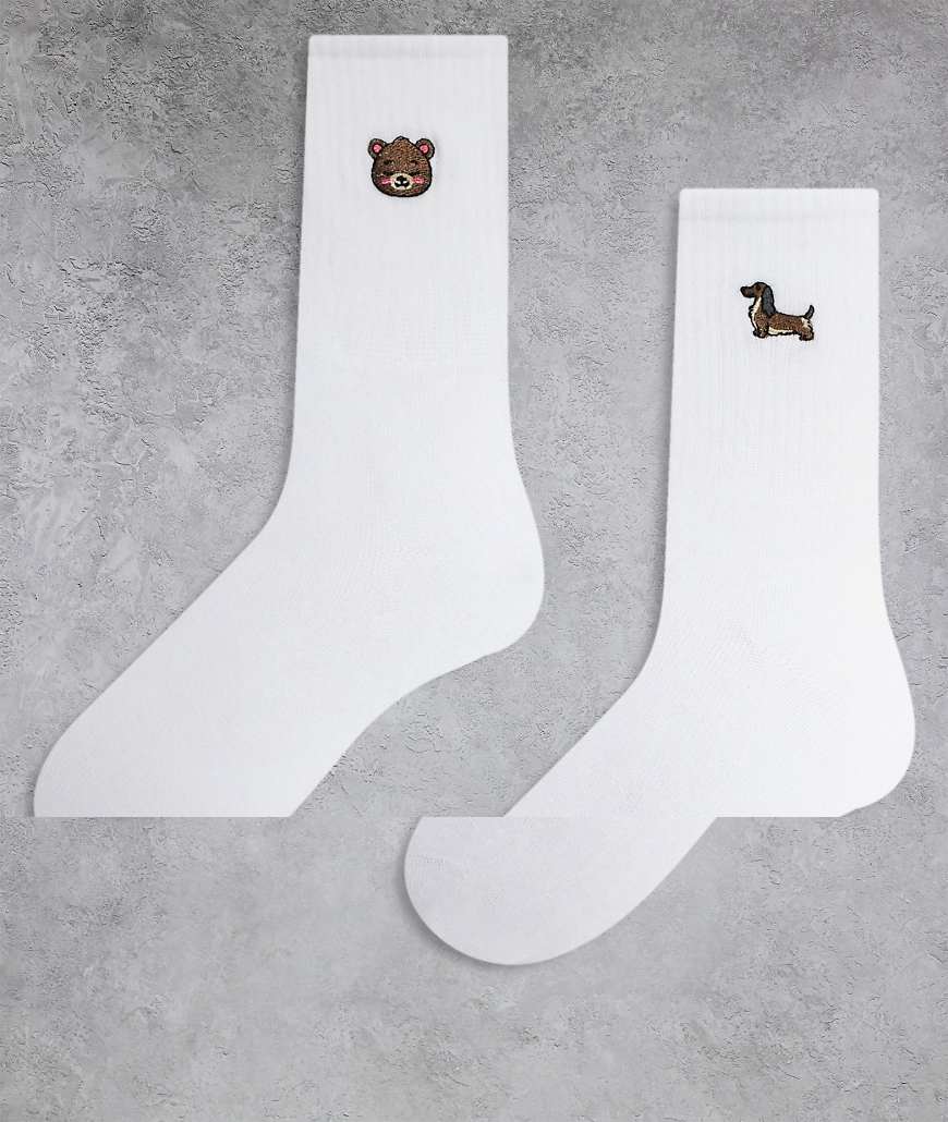 ONLY - 2er-Pack Socken in Weiß mit aufgesticktem Teddybär und Dackel von ONLY