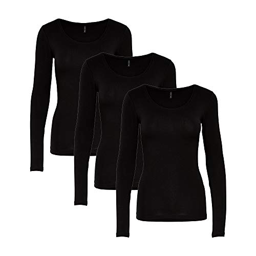 ONLY Damen Langarmshirt Basic, 3er Pack, Schwarz-Weiß, Longsleeve (DE/NL/SE/PL, Alphanumerisch, L, Regular, Regular, 3er Langarm Schwarz) von ONLY