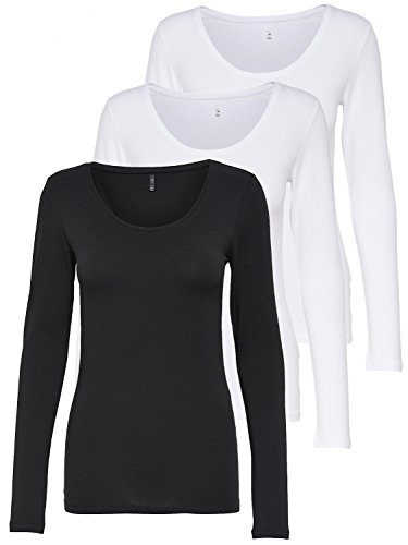 ONLY 3er Pack Damen Langarmshirt schwarz und weiß Langarm Basic Longsleeve Sommer aus 95% Baumwolle XS S M L XL 15209156 von ONLY