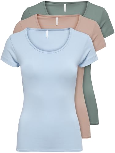 ONLY 3er Pack Damen T-Shirt schwarz oder weiß Kurzarm lang Basic Sommer T-Shirts XS S M L XL 15209153 von ONLY
