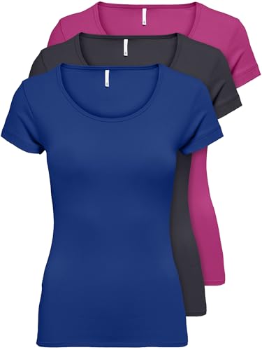 ONLY 3er Pack Damen T-Shirt schwarz oder weiß Kurzarm lang Basic Sommer T-Shirts XS S M L XL 15209153 von ONLY