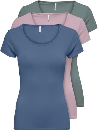 ONLY 3er Pack Damen T-Shirt schwarz oder weiß Kurzarm lang Basic Sommer T-Shirts XS S M L XL 15209153 (Farb Mix 5, S) von ONLY