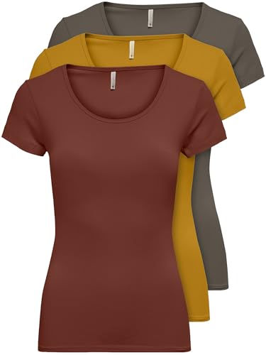 ONLY 3er Pack Damen T-Shirt schwarz oder weiß Kurzarm lang Basic Sommer T-Shirts XS S M L XL 15209153 (Farb Mix 6, XS) von ONLY