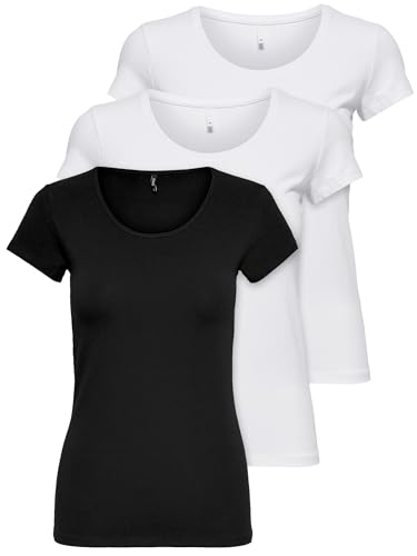 ONLY 3er Pack Damen T-Shirt schwarz oder weiß Kurzarm lang Basic Sommer T-Shirts XS S M L XL 15209153 von ONLY