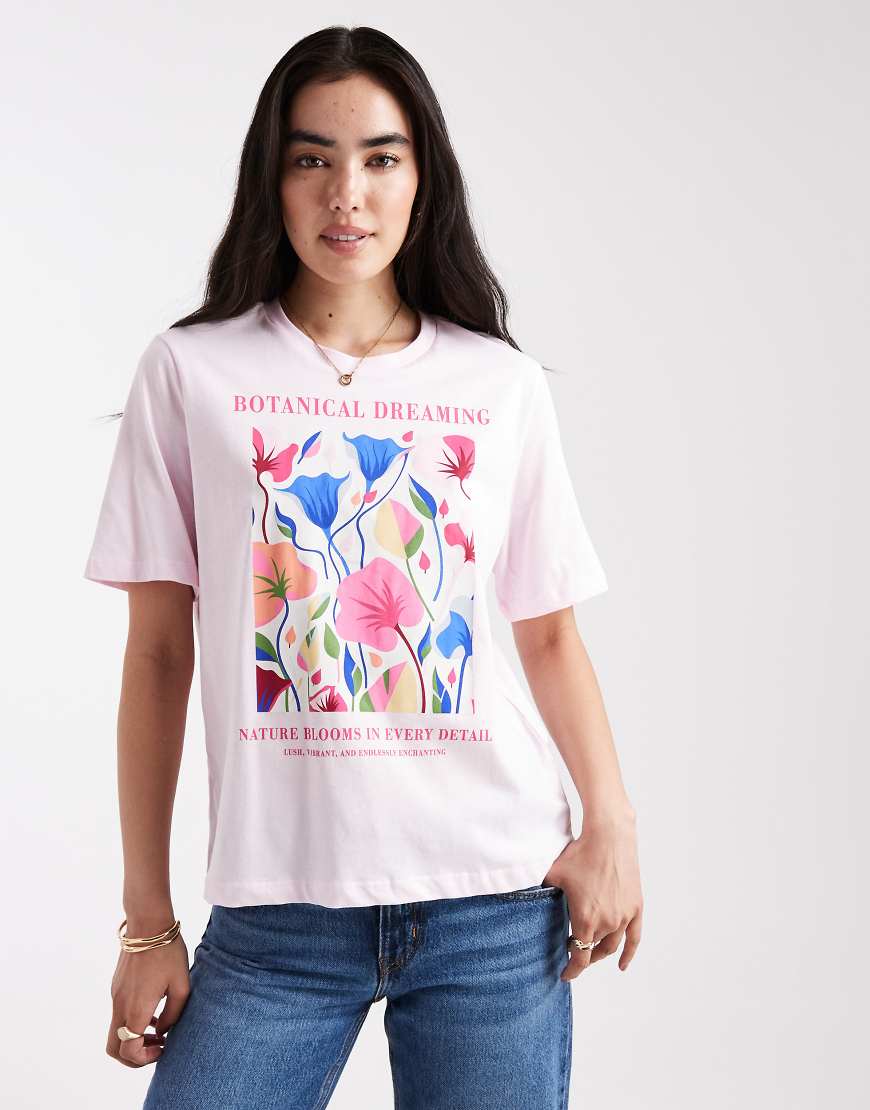 ONLY - Boyfriend-T-Shirt in Rosa mit „Botanical"-Print von ONLY