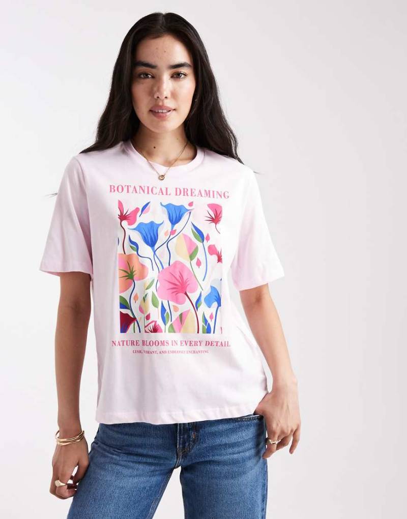 ONLY - Boyfriend-T-Shirt in Rosa mit „Botanical"-Print von ONLY