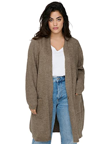 ONLY Carmakoma Langarm Cardigan Lange Strick Jacke Plus Size Curvy Übergröße mit Taschen Knielang CARJADE, Farben:Hellbraun,Größe Damen:54 von ONLY