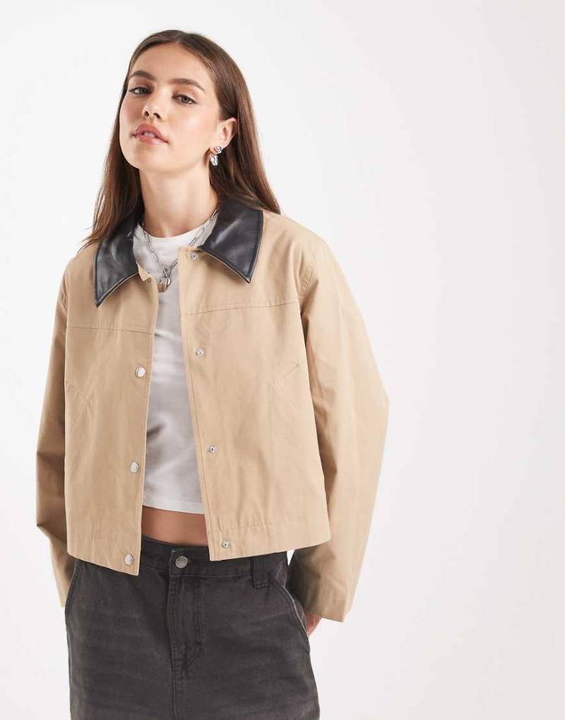 ONLY - Cropped Farmerjacke in Beige mit Kunstleder-Kragen-Neutral von ONLY
