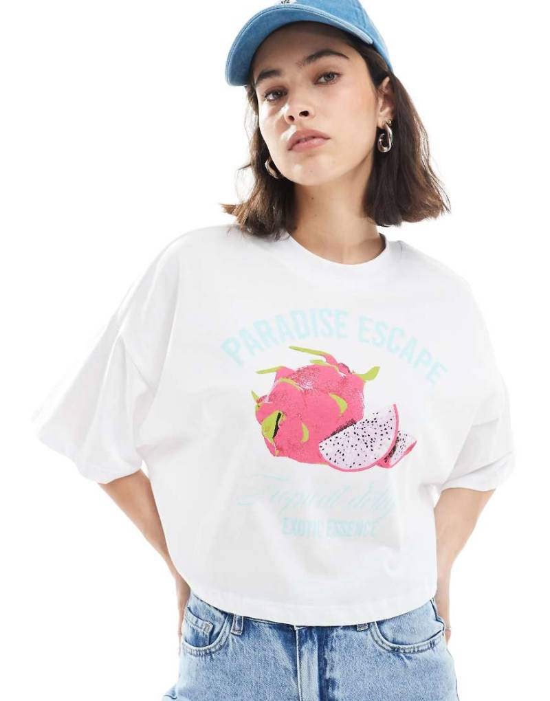 ONLY - Cropped T-Shirt in Weiß mit Paradies-Print von ONLY