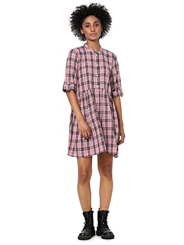 ONLY Damen 3/4 Arm Hemdblusen Kleid mit Knopfleiste & Karo Muster aurora pink von ONLY