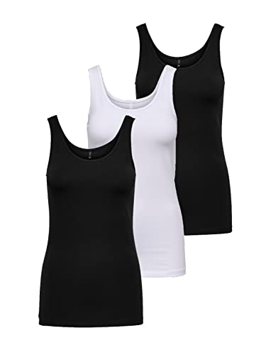 ONLY Damen 3er-Pack Basic Tank-Top Oberteil Verschiedene Träger Shirt Unterhemd, Farbe:weiß/schw., Größe:XS von ONLY