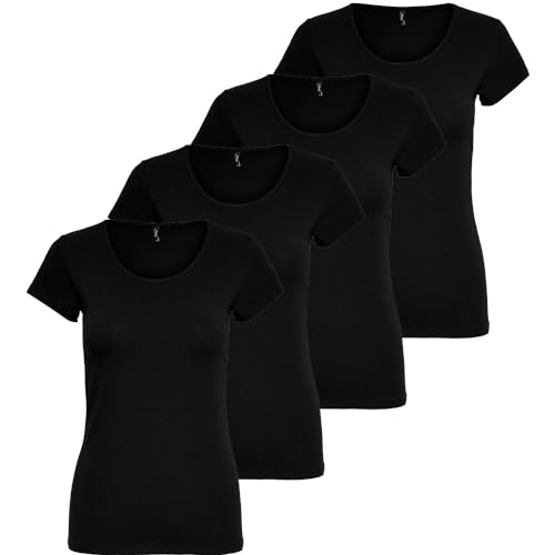ONLY Damen 4er Pack T-Shirt Live Love Kurzarmshirt Basic Baumwollmix schwarz weiß Farbmix XS S M L XL (DE/NL/SE/PL, Alphanumerisch, XS, Regular, Regular, Schwarz) von ONLY
