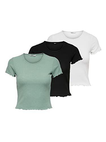 ONLY Damen Basic T-Shirt Crop-Top - OnlEmma Rundhals kurz-arm Rüschen, Farbe:Mehrfarbig, Größe:L von ONLY