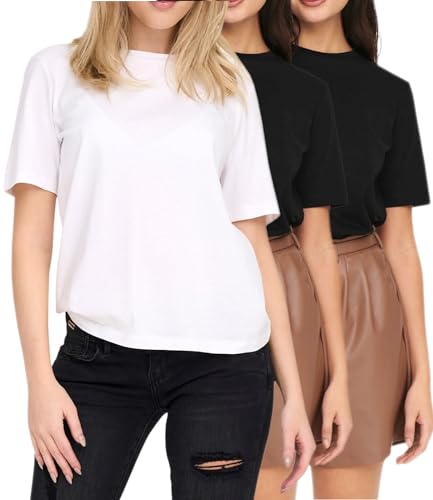 ONLY Damen Basic Top T-Shirt im 3er Pack (XS, 3er Pack 1xWhite/2xBlack 390) von ONLY