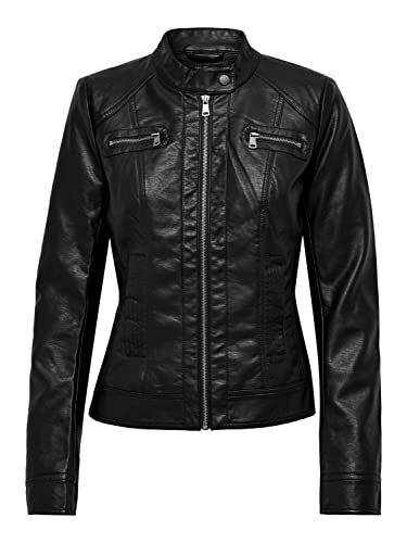 ONLY Damen Biker-Jacke OnlBandit kurze Kunst-Leder Übergangsjacke Stehkragen, Farbe:Schwarz, Größe:34 von ONLY