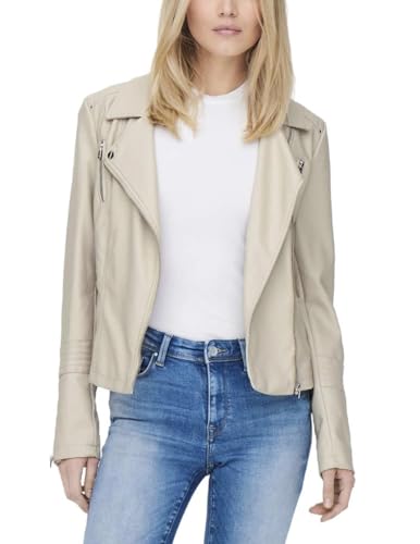 ONLY Damen Biker Kunstleder Jacke | Langarm Shacket Übergangs Blazer | PU Coated Shirt ONLGEMMA, Farben:Beige, Größe:40 von ONLY