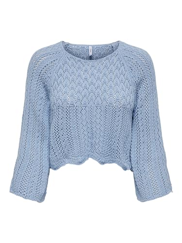 ONLY Damen Eleganter Strickpullover | Cropped 3/4 Arm Shirt | Knitted Pointelle Stretch Sweater ONLNOLA, Farben:Hellblau, Größe:M von ONLY