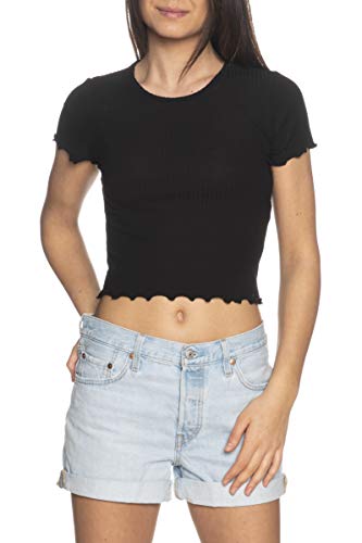 ONLY Damen Geripptes Cropped T-Shirt | Kurzes Short Sleeve Rundhals Top | Bauchfrei Gewellt ONLEMMA, Farben:Schwarz, Größe:L von ONLY