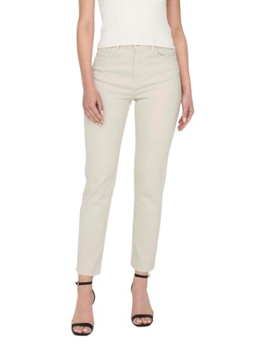 ONLY Damen Straight Fit Jeans Raw High Waist Denim Pants 5-Pocket Hose Beige Einfarbig ONLEMILY, Farben:Beige, Größe:30W / 34L, Z-Länge:L34 von ONLY