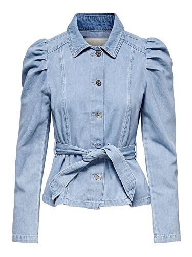 ONLY Damen Jeans-Bluse ONLJules Life Denim Jacket Jacke mit Gürtel und Puff-Ärmeln 15235675 light blue denim L von ONLY